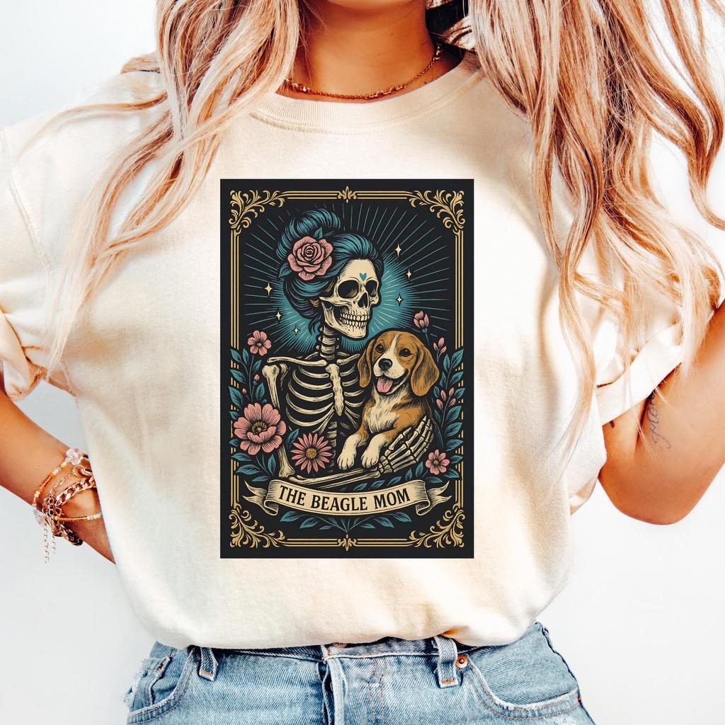 Beagle Mom Tarot Card T-Shirt: Comfort Colors Dog Skeleton Tee