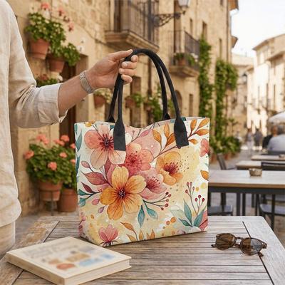 Floral Print Tote Bag Casual Large Capacity Shoulder Handbag for Daily Use