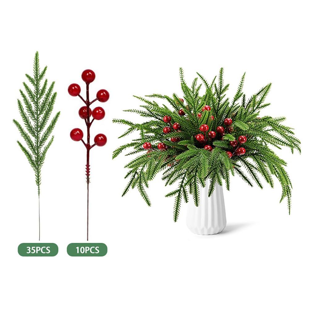Red Berries Christmas Artificial Pine Branches Plastic Greenery Leaves Fake Cedar Pine Accessories DIY Faux Pine