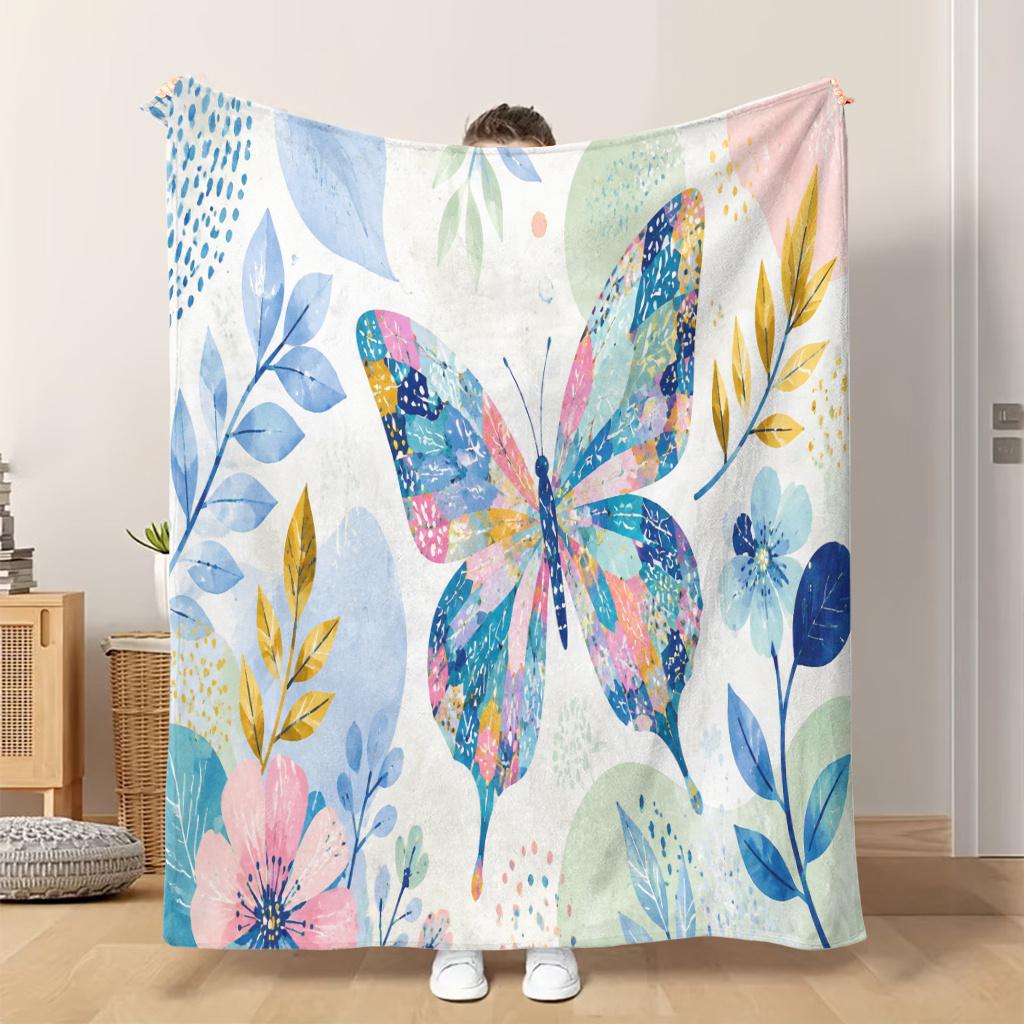 1pc Flannel Blanket Butterfly with Colorful Plants Soft Comfortable And Warm This Nap Blanket/Sofa Blanket Is Suitable for All Sea