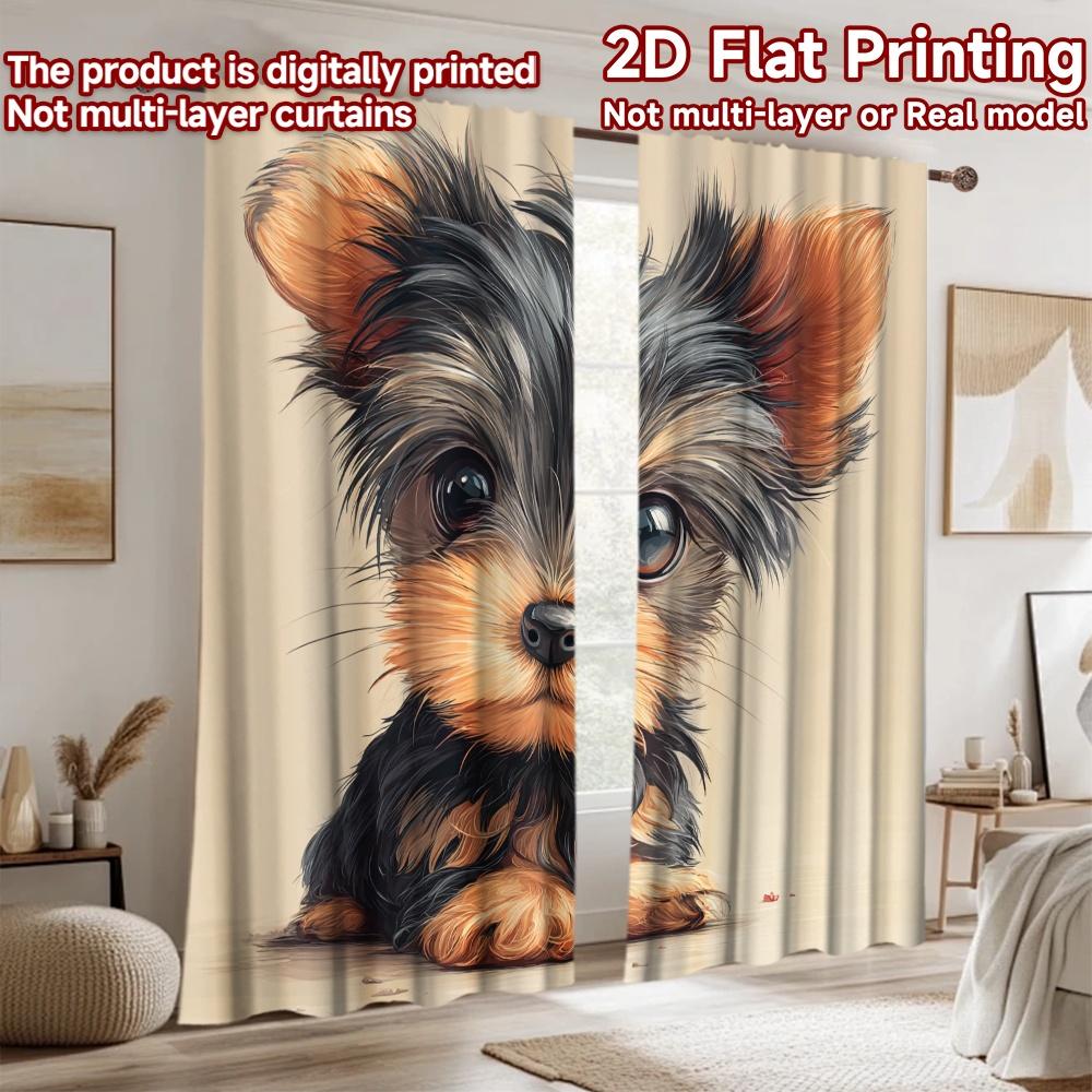2D flat printing 2pcs Curtains Cute Yorkshire Puppy Portrait Digital Printed Polyester Drapes All Season Party & Holiday Decor