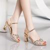 Large Size High-heeled Sandals, New Summer Thick Heel, Medium Heel, One-word Buckle with Rhinestone Sandals.