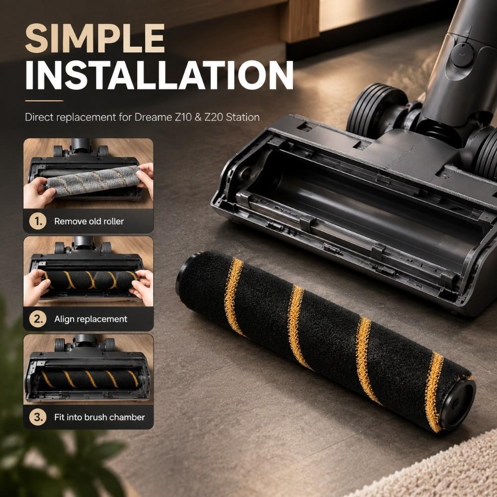 Black Vacuum Roller Brush for Dreame Z10 Station / Z20 Station Floor Cleaning