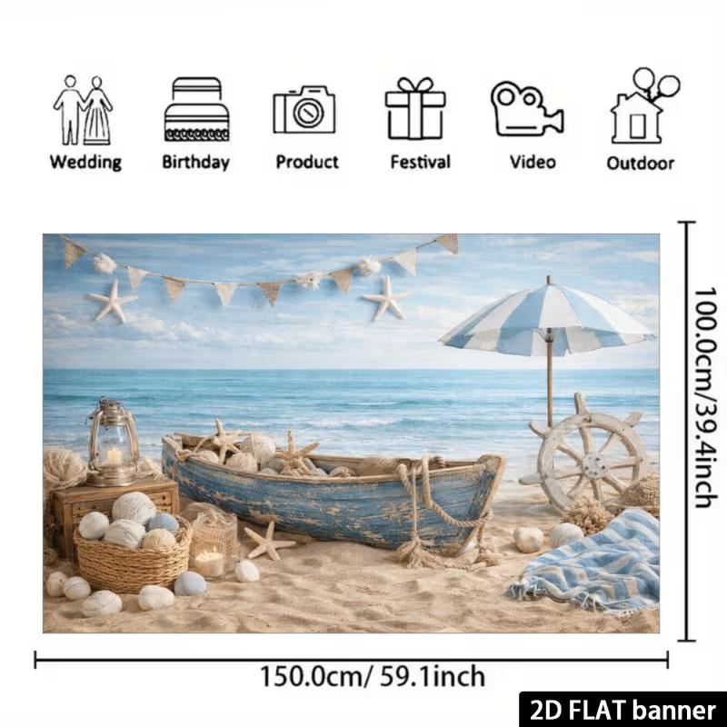 2D Vintage Beach Boat Backdrop for Summer Photoshoot