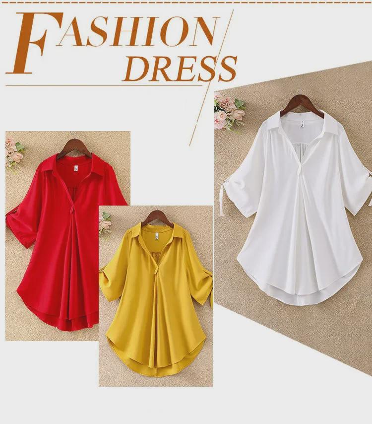 Женское лето 2023 г.: Свободная рубашка из шифона с зауженной талией, средней длины с короткими рукавами, модный большой размер.