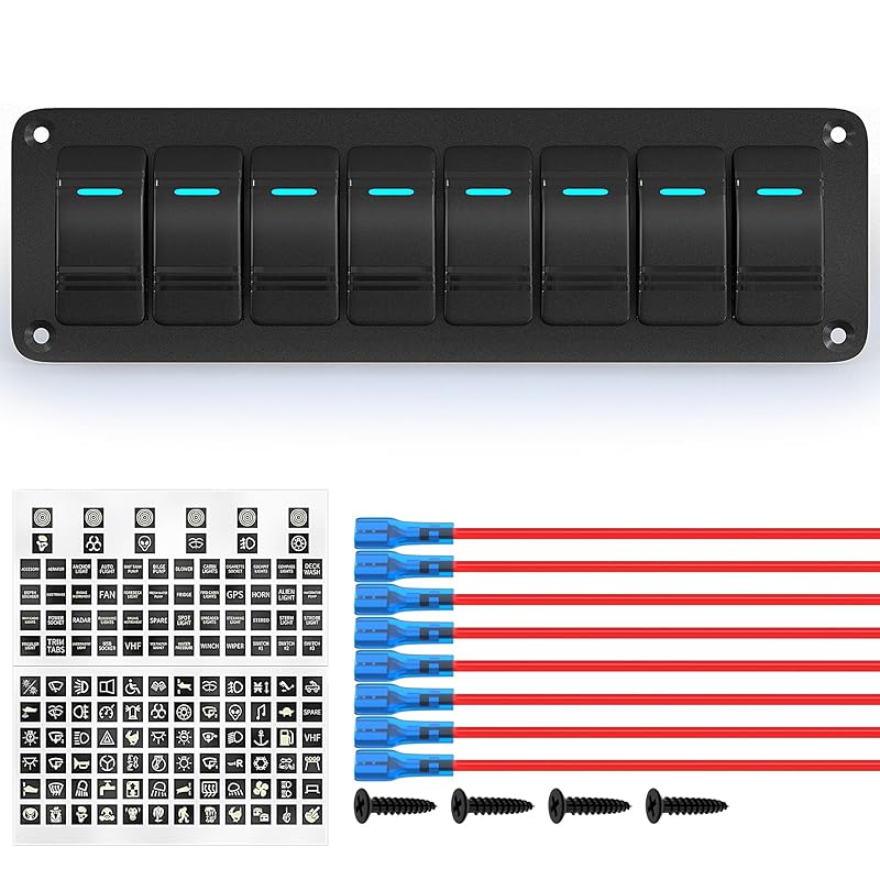 Joinfworld 6 Gang Rocker Switch Panel 12V Marine Boat Switch Panel Waterproof 12 Volt Blue LED Light Toggle Switch Panel ON Off With Pre-Wired For