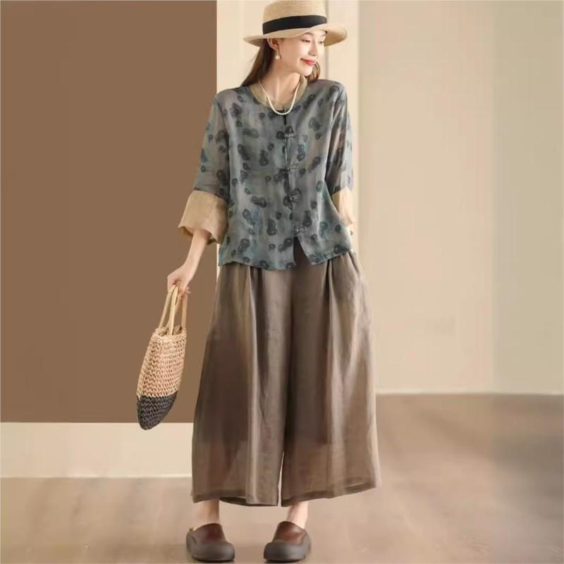 Johnature Women Chinese Style Print Floral Shirts Button Seven Sleeve Tops Summer Stand Vintage Women Blouses