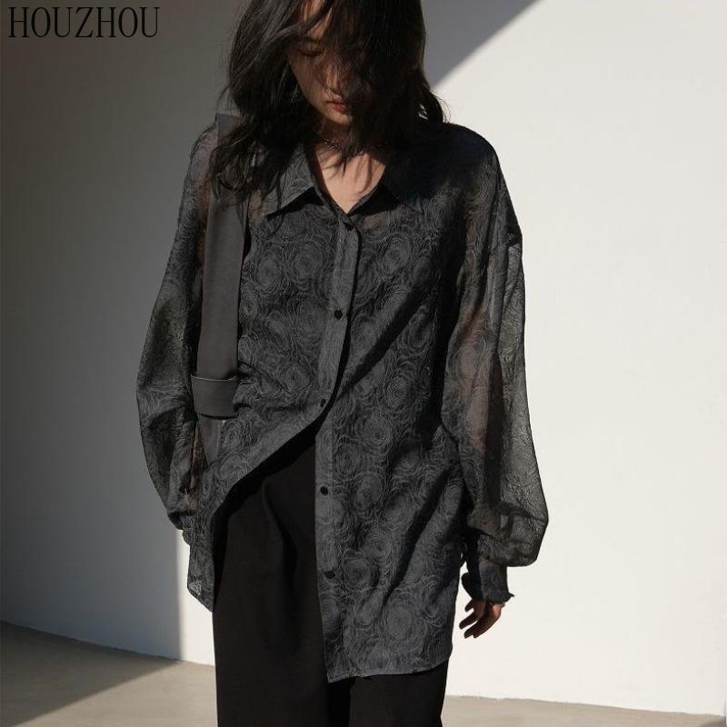HOUZHOU Рубашка с принтом, женская цветочная весна, черные элегантные и шикарные винтажные свободные топы большого размера с длинными рукавами