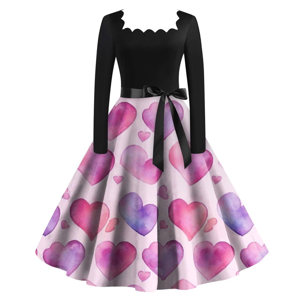 Женское винтажное классическое платье с длинным рукавом и принтом ко Дню святого Валентина, свободное платье с квадратным воротником