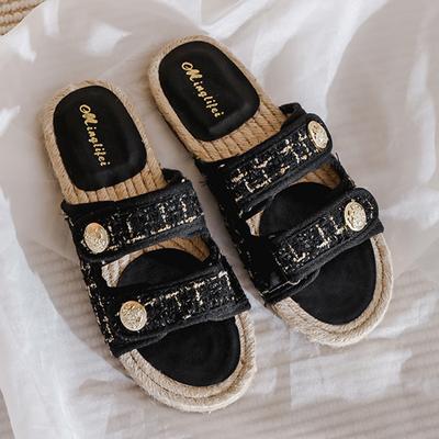 Модные женские тапочки на платформе из ткани в черно-белую клетку с двумя ремешками, блестящие сандалии, женские соломенные шлепанцы с толстой подошвой, женские шлепанцы