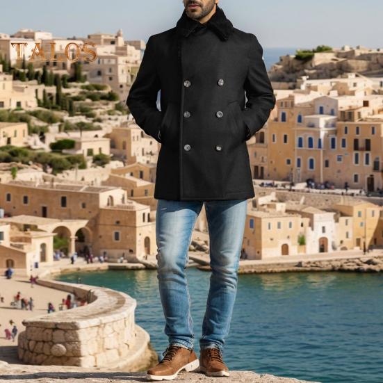 Мужское шерстяное пальто с лацканами, длинный рукав, двубортная куртка, пальто с плюшевыми краями, однотонные карманы, зимнее пальто