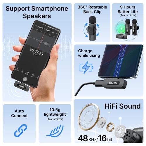 Boya V20 Wireless Lapel Microphone with USB-C for iPhone 16/15 and Android, 50m Transmission Distance, All-in-One Noise Reduction, 9H Battery Life, an