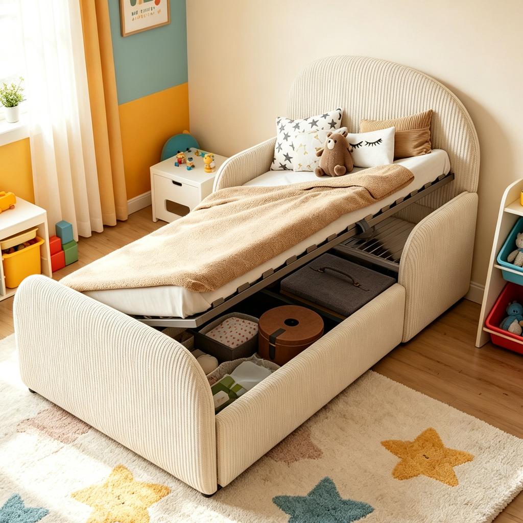 Children's Upholstered Bed 90x200 with Hydraulic Storage, Velvet Bed Frame with High Headboard, Footboard and Semi-High Safety Handrails, Beige