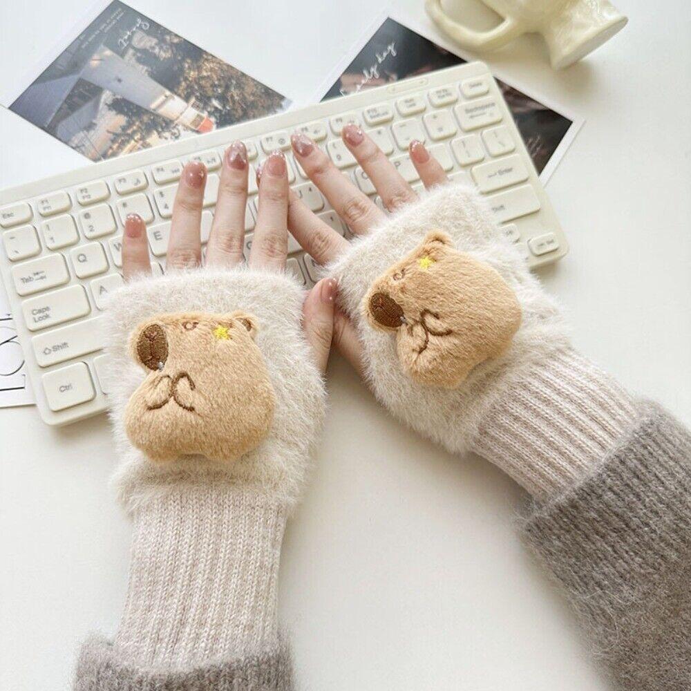 NEW Half Finger Capybara Knitted Gloves Solid Color Thickened Warm Gloves Women Mittens Ladies Plush Half Finger Gloves