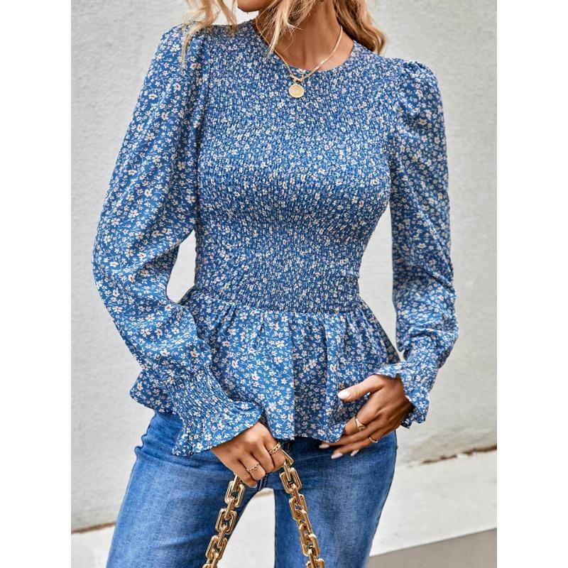Женские модные повседневные весенне-осенние блузки и рубашки с круглым вырезом и длинными рукавами с цветочным узором и принтом