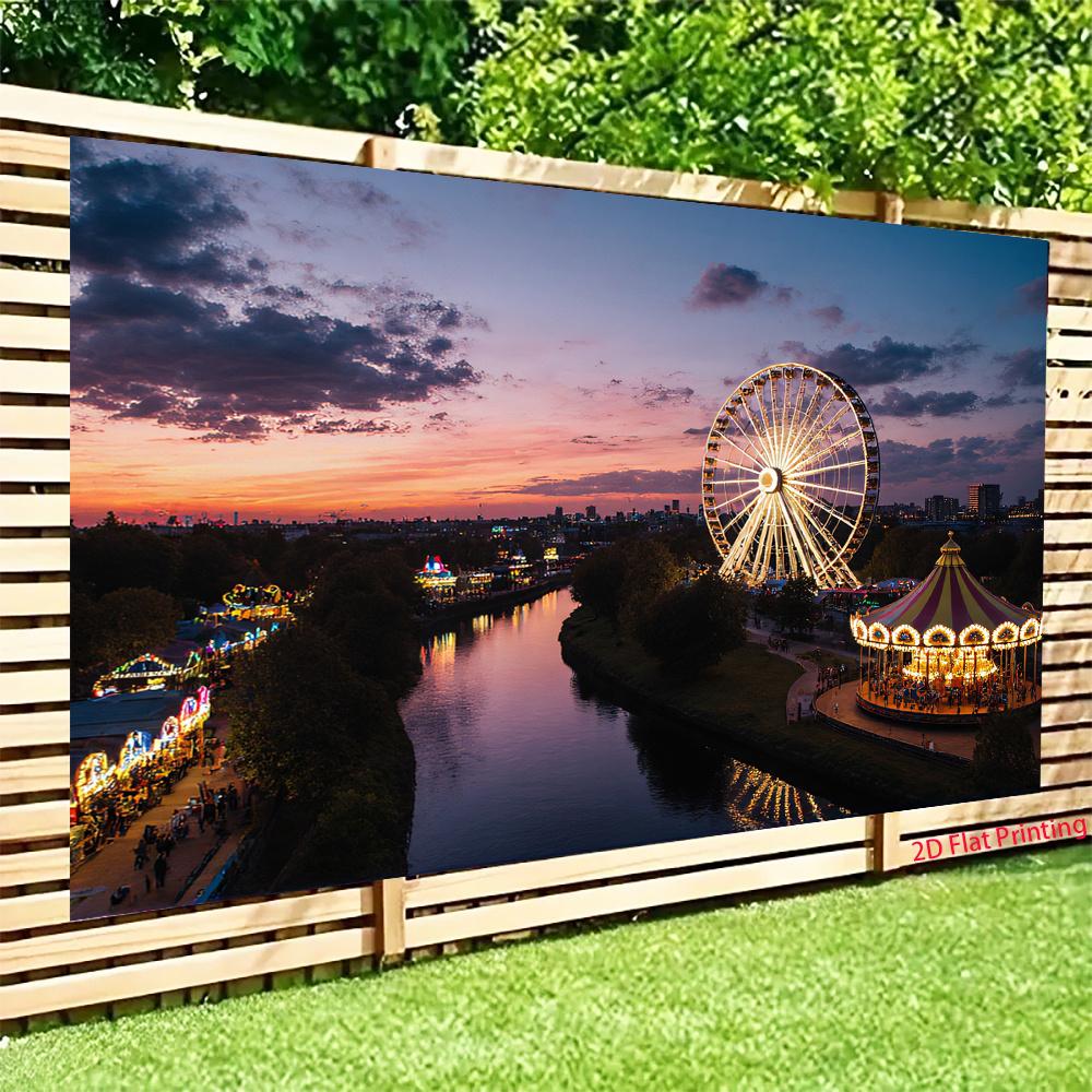 2D plane, 1 entertainment park landscape, feature is a large Ferris wheel