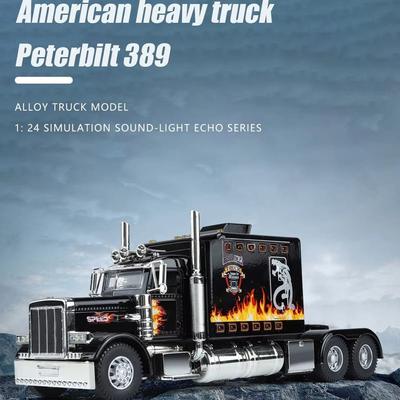 Игрушечная модель тяжелого грузовика Peterbilt 389 в масштабе 1/24, литая модель из сплава, со звуком и светом, модель грузовика с инерционным механизмом, игрушка для мальчика, детская подарочная коллекция