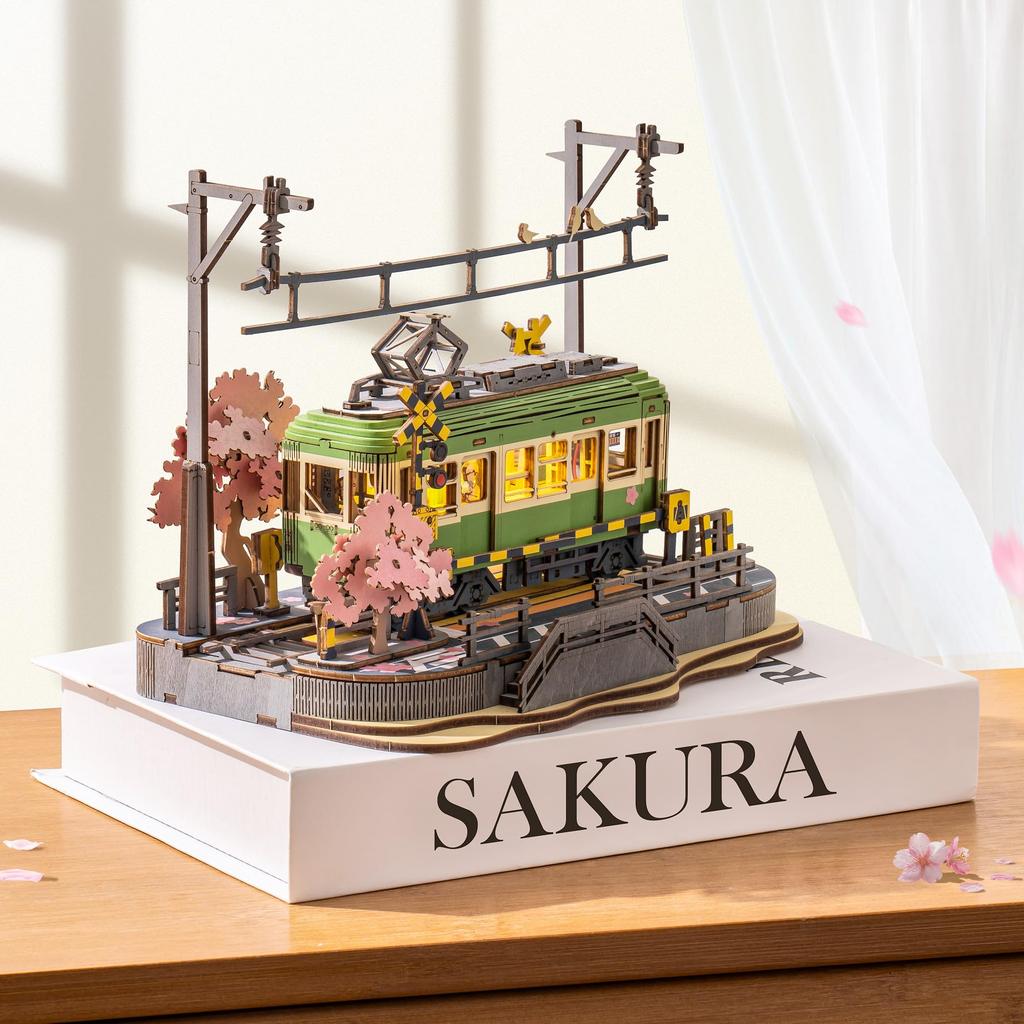 ROBOTIME Wooden 3D Puzzle Cherry Blossom Train with LED Lights Assembly DIY Mechanical Japanese Style Interior Time Educational Wooden Model for