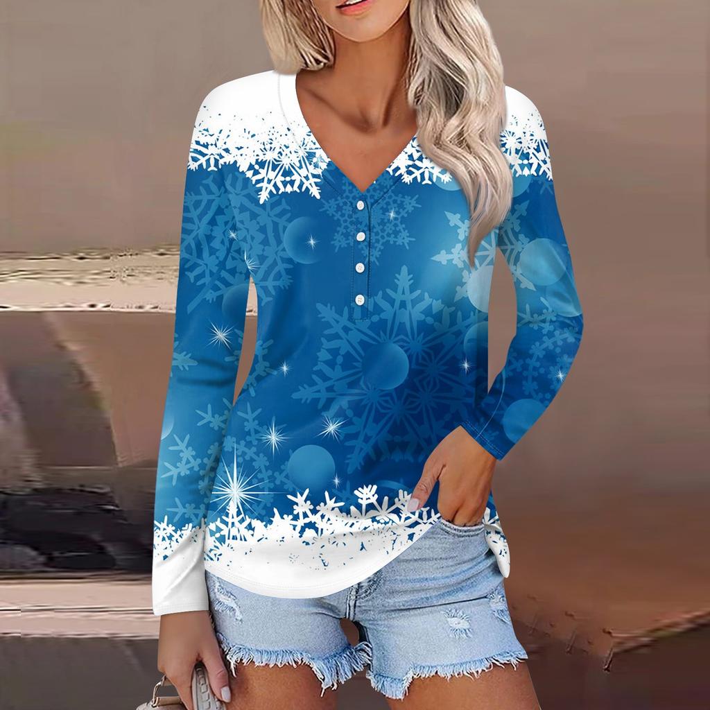 Женская повседневная мода сексуальный комфорт рождественский принт V-образный вырез пуговицы длинный рукав