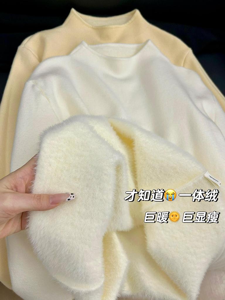 Повседневный внутренний топ однотонного цвета с полувысоким воротником, утолщенная трикотажная рубашка с длинным рукавом для осени и зимы, с воротником-стойкой и флисовой подкладкой