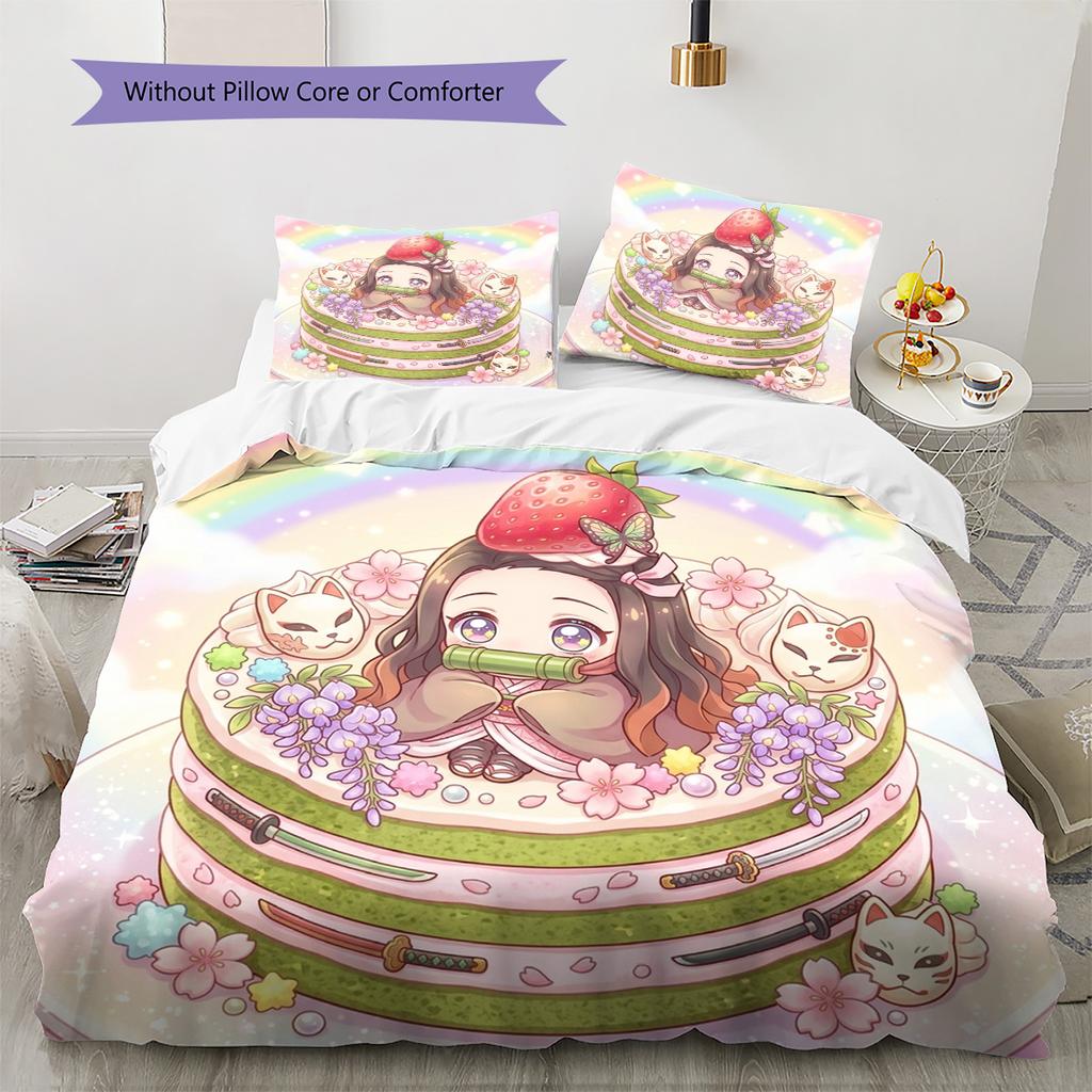 Demon Slayer Tanjiro Pattern Bedding Quilt Set Quilt Cover Pillowcase Home Decoration Birthday Gift (1 * duvet cover + 2 * pillowcase, without core)