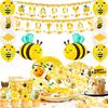 Bee Birthday Decorations,113 Pcs Party Decorations Bee Party Plates Cups Napkins Tablecloth Birthday Bee Banner Balloons Cake Toppers Etc