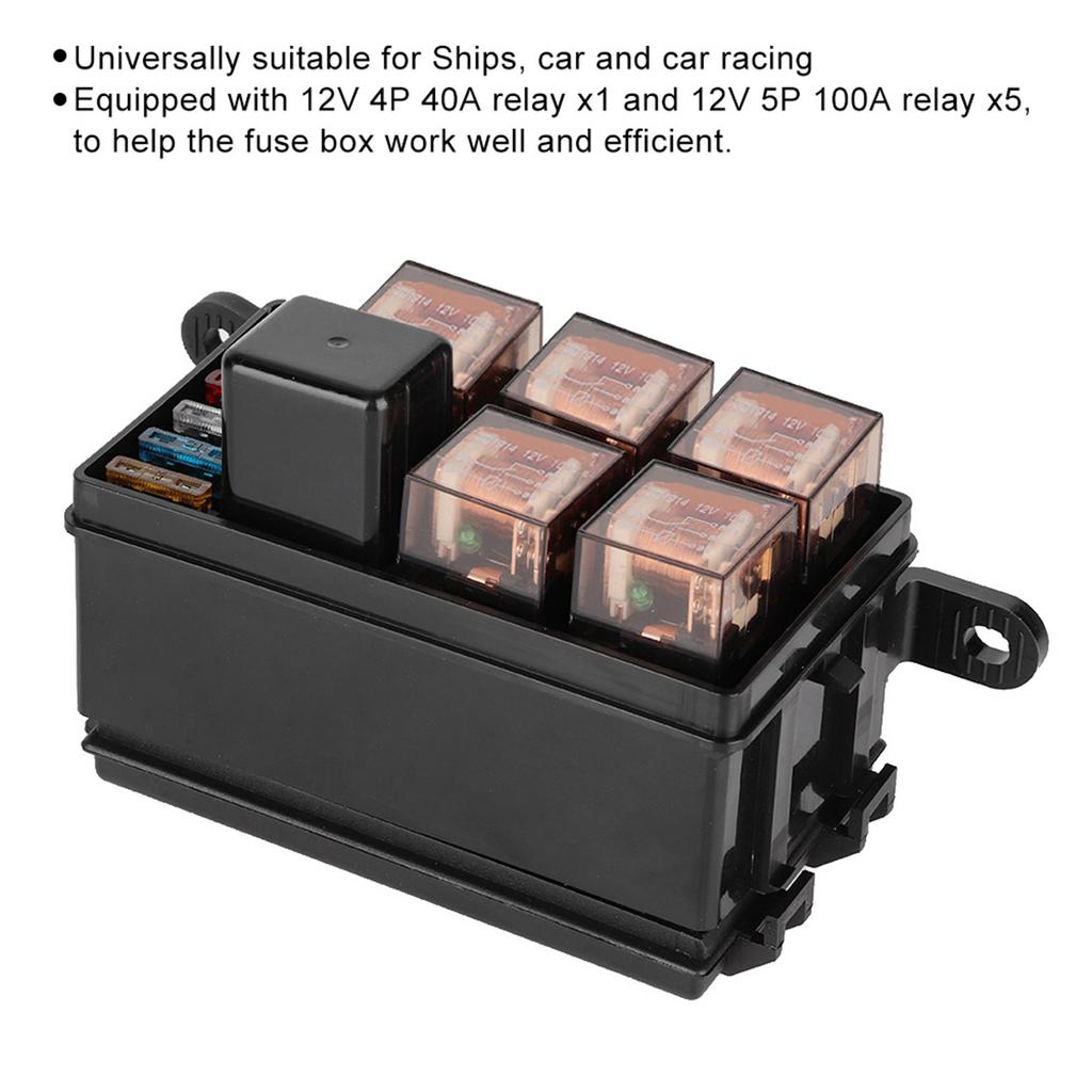6 Way Car Fuse Box with 1pc 4p 12v and 5pcs 100A Transparent Shell Relays for Ships Car Racing
