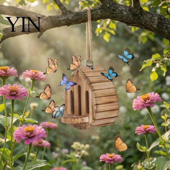 Butterfly Feeder Wooden House And Feeder, Outside Hanging Shelter, Teardrop Shaped for Garden Decoration Pollinator Habitat Friendly