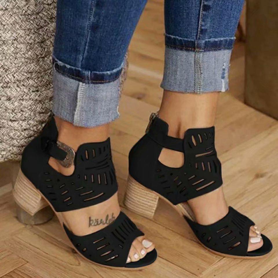 Hollow Fish Mouth Zipper Chunky Heel Women's Casual Sandals