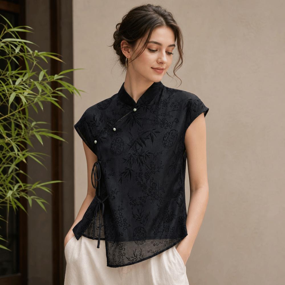 Short Sleeve Cheongsam T-Shirt Jacquard Weave Black Jacquard Shirt For Women