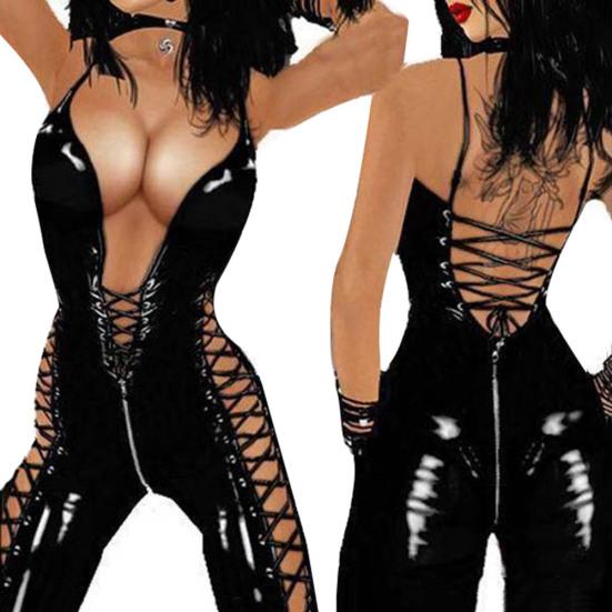 Женский комбинезон из лакированной кожи с открытой спиной и глубоким V-образным вырезом на шнуровке, боди