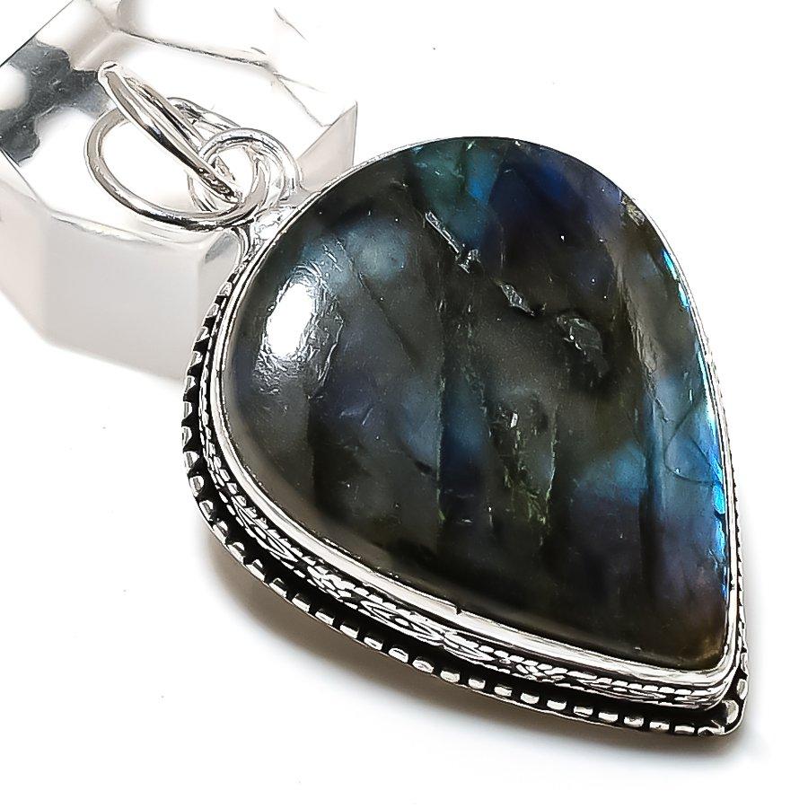 Подвеска из стерлингового серебра 925 пробы с натуральным лабрадоритом ручной работы 2,09 дюйма A3h59