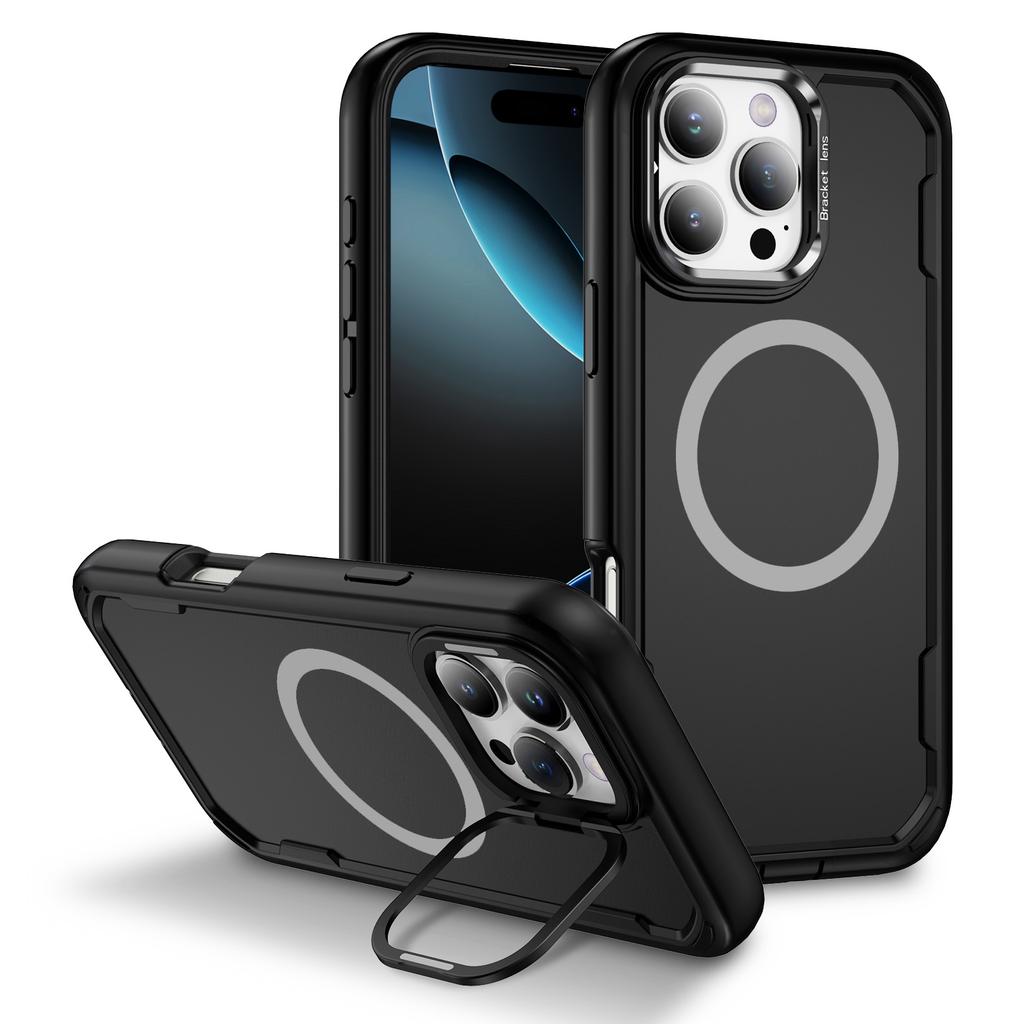 For iPhone 16 Pro Case Compatible with MagSafe Lens Frame Kickstand TPU+PC Shockproof Phone Cover