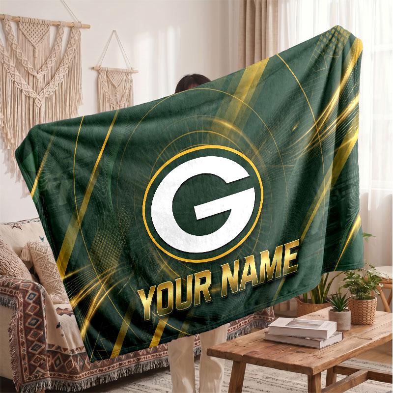 Green Bay Packers Flannel Blanket, Custom Name Text Personalized Soft Throw Blanket Home Decor Gift