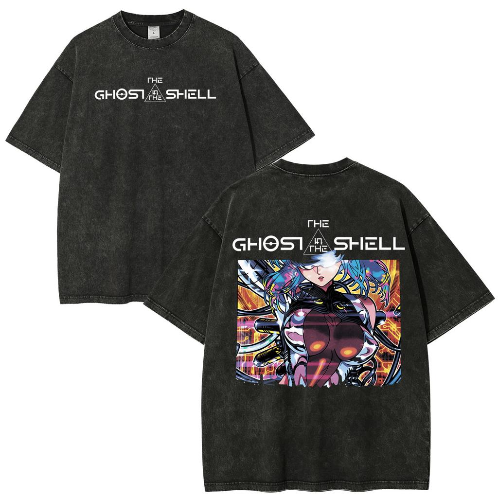 Anime Ghost in The Shell Motoko Kusanagi Manga Vintage Washed T Shirts Men Women Clothing Fashion Oversized Short Sleeve T-shirt