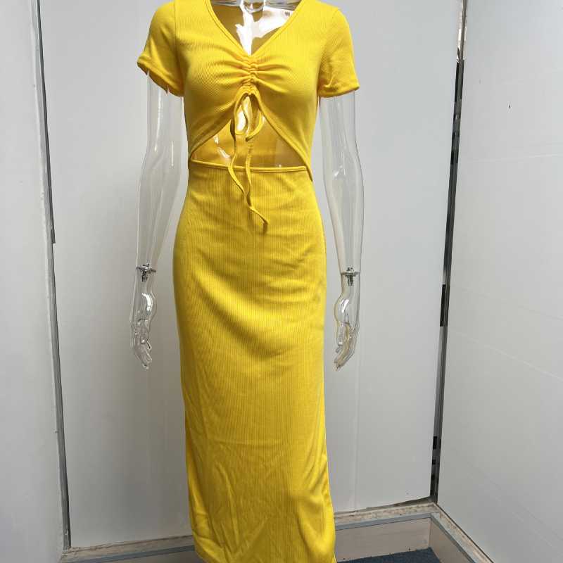 2022 Spring Summer Women's Fashion Knitted Dress Female Sexy Navel High Waist Slit Lace-up Pleated Dress Ladies Temperament Slim Long Dress