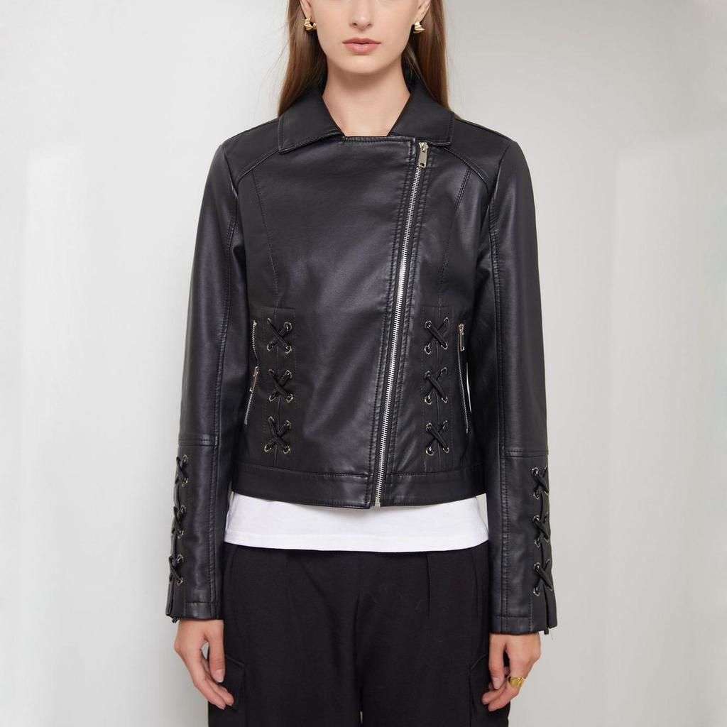 Женская асимметричная укороченная куртка из искусственной кожи на молнии из искусственной кожи, байкерское короткое пальто, тонкая верхняя одежда, винтажная укороченная куртка со шнуровкой, мотоциклетный бомбер, осень-весна, новинка