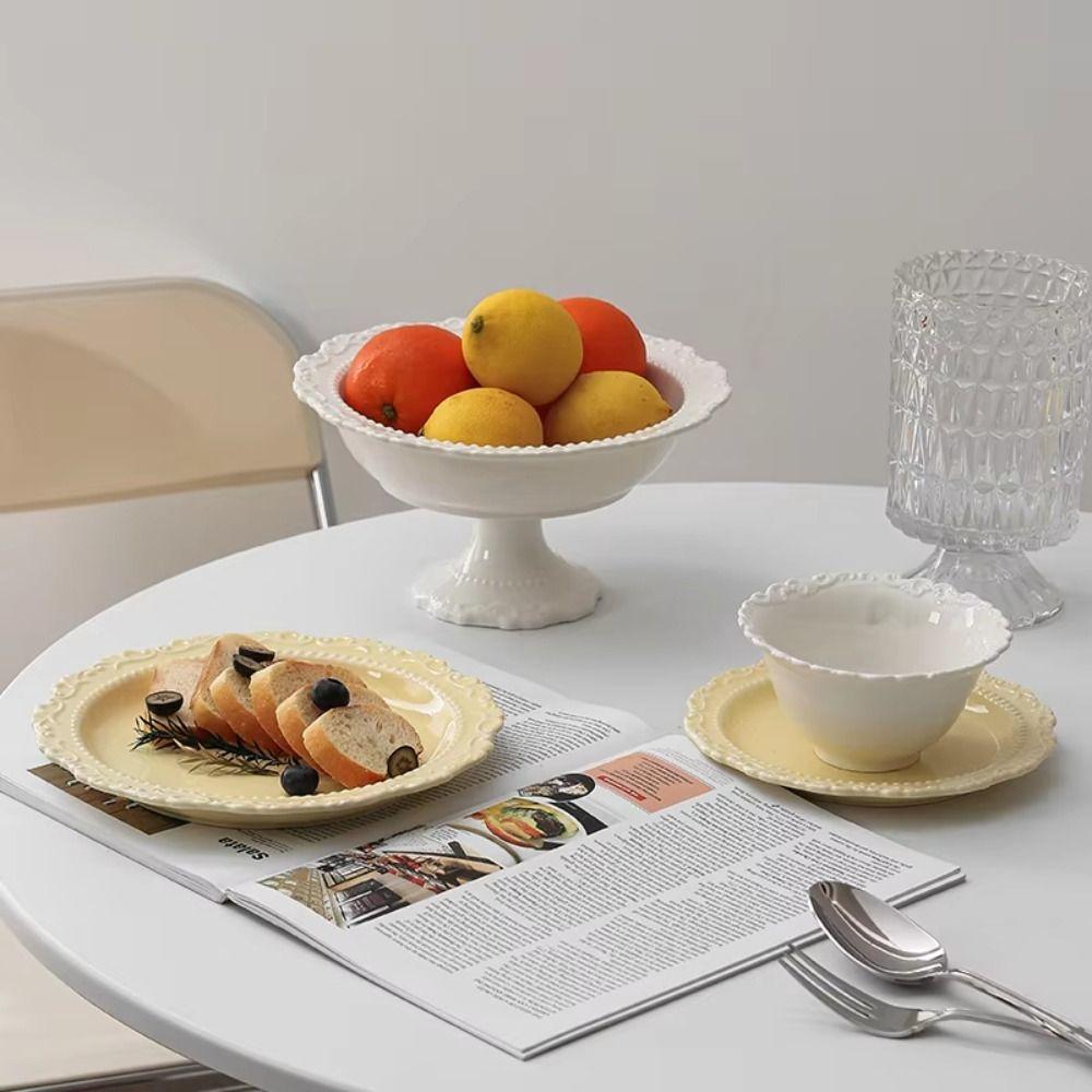 Embossed Design Ceramic Dessert Plate White/Yellow Color Western Dining Tableware Cafe Use