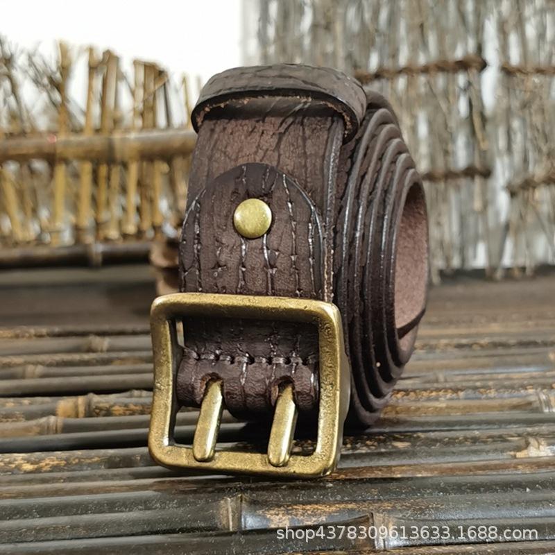 Ретро и старые тенденции персонализированный двойной игольный ремень с медной кнопкой на головке мужской ремень из натуральной кожи из натуральной коровьей кожи для джинсов