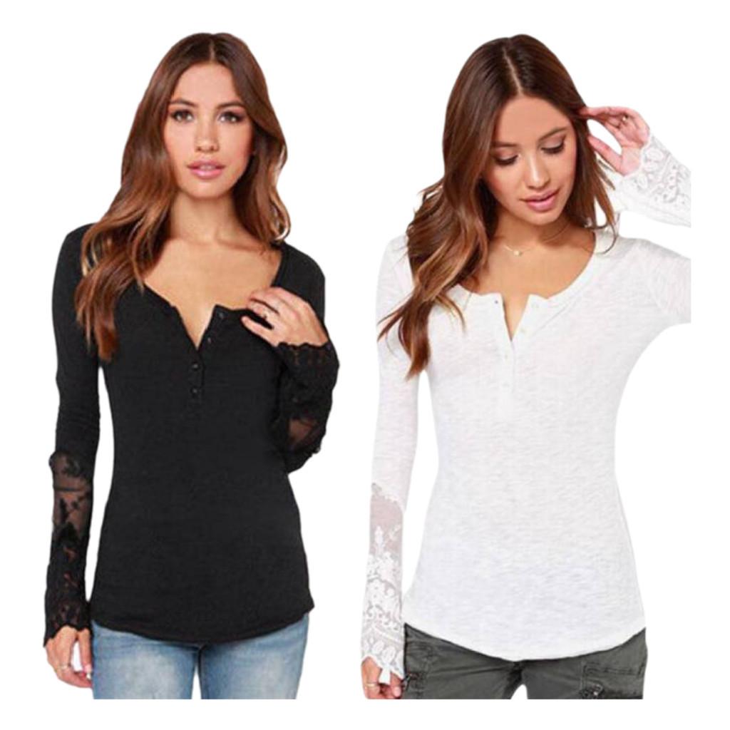 Elegant Lace Stitching Women's T-shirt Slim Fit Long Sleeve Cotton Top