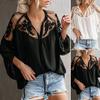 V-neck Long Sleeve Front Lace-up Casual Blouse Flower Pattern Embroidery Lace