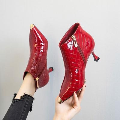 Модные FHC Новые Женские Ботильоны, Высокий Каблук Короткие Боты, Зимняя Обувь, Облегающие Ботильоны, Острый Носок, Боковая Молния, 34-40, Черный, Красный, Бежевый, Дропшиппинг