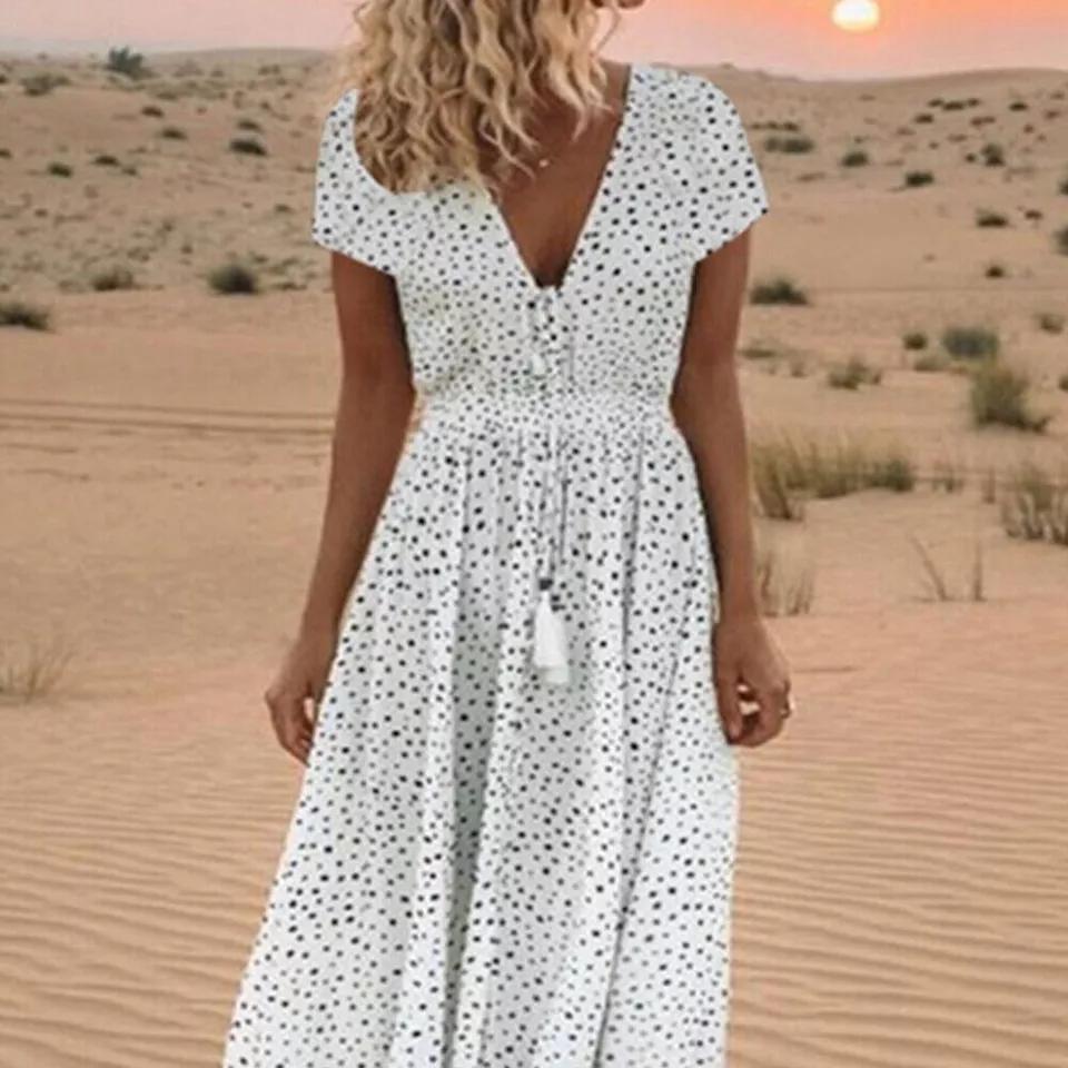 Summer Women's Beach Holiday V Neck Long Maxi Dress Ladies Boho Holiday Sundress