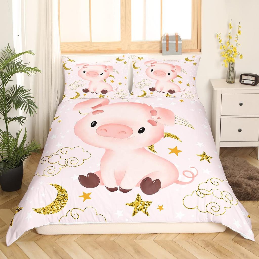 Pink Pig Bedding Set King Queen Sleeping Pig Duvet Cover For Kids Boys Girls Kawaii Animals Comforter Cover With 2 Pillowcases