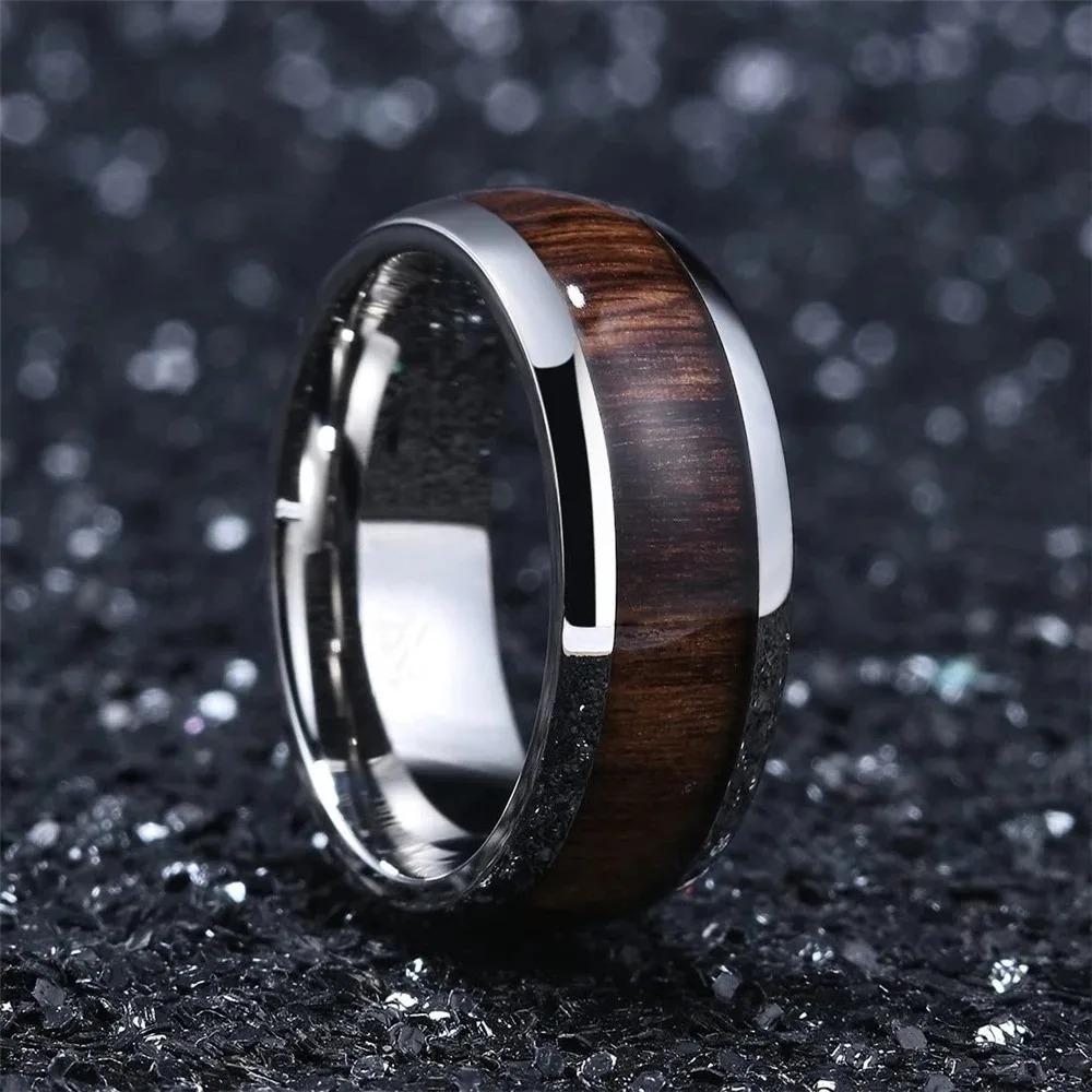 Fashion 8MM Copper Color Stainless Steel Rings For Men Women Domed Koa Wood Inlay Promise Rings Wedding Engagement Jewelry Gift