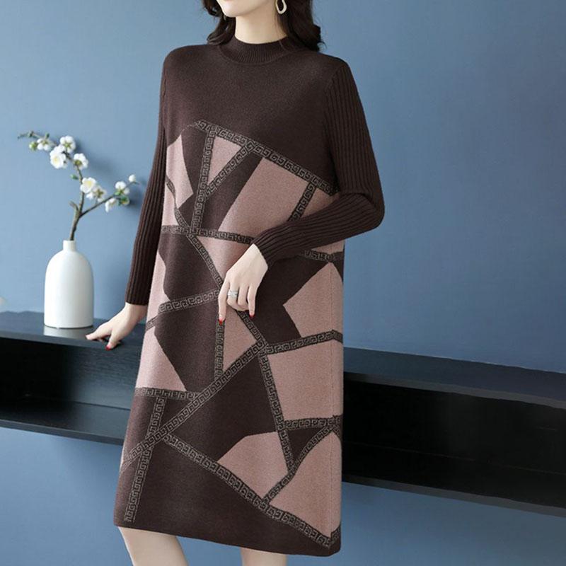 Высококачественное трикотажное платье больших размеров, осенне-зимнее платье-свитер с принтом средней длины, А-силуэт, плотное свободное платье-свитер длиной до колена