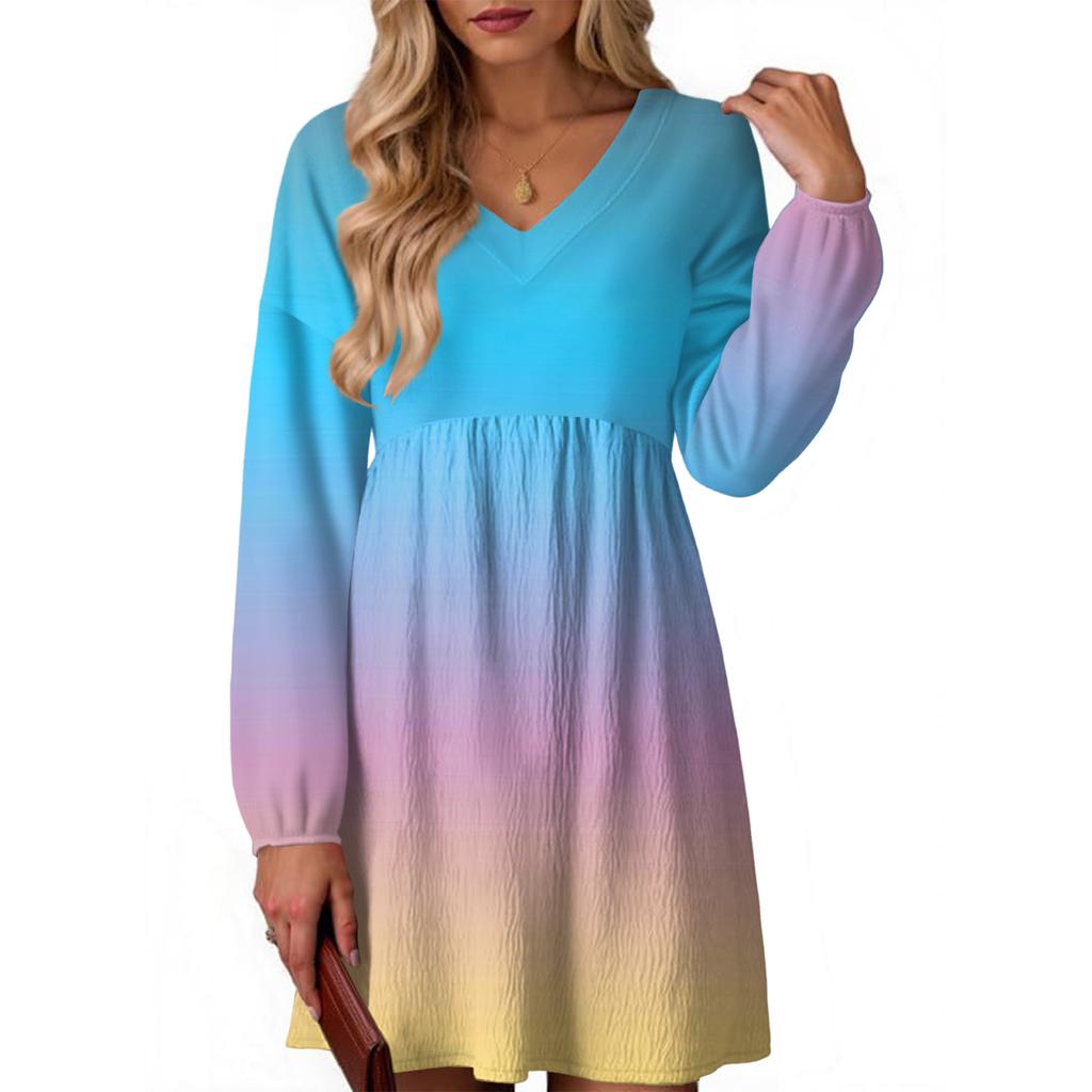 Women's Fashion Gradient V-Neck Long Sleeve Dress