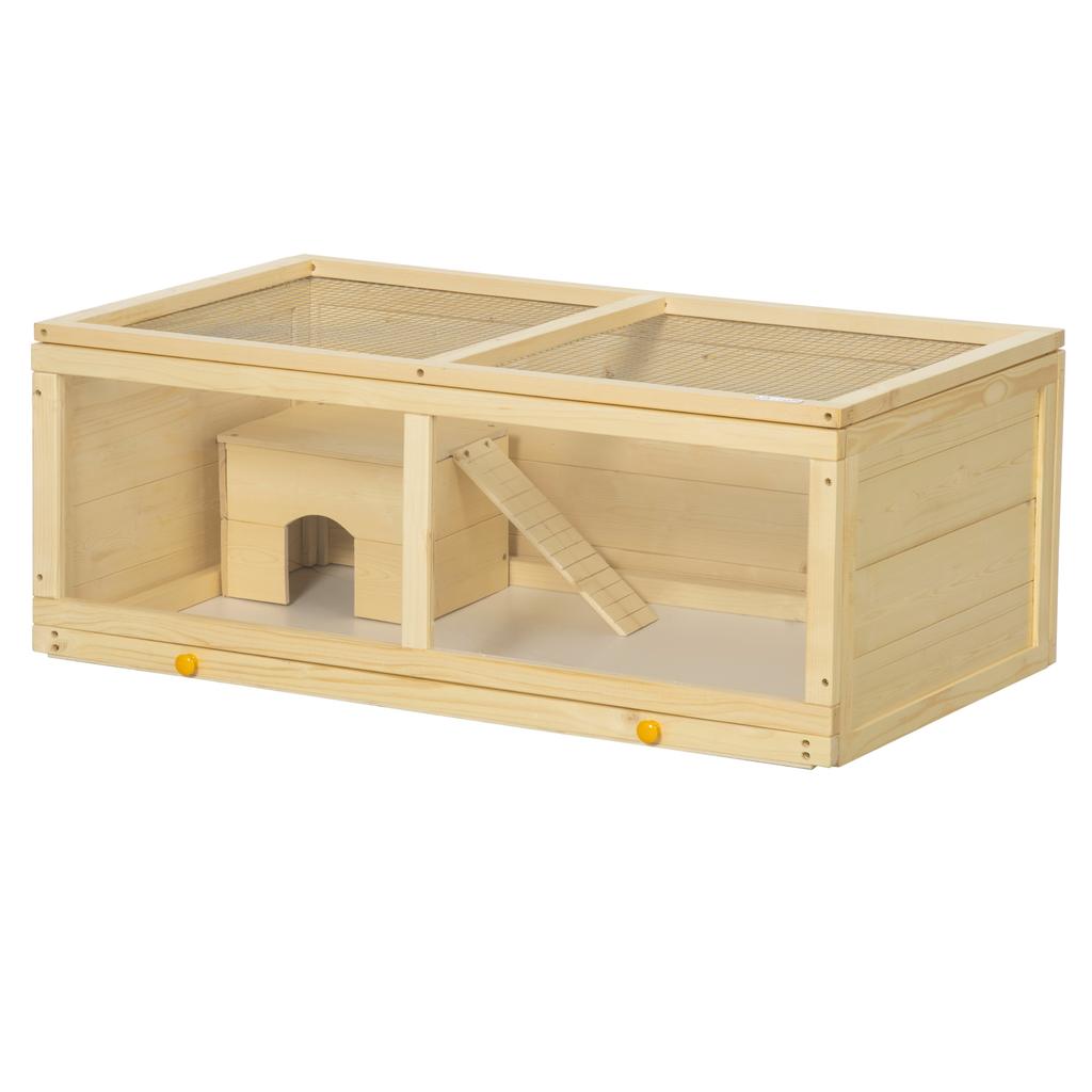 Wooden Hamster Cage With Sliding Tray Openable Top Hut For Syrian Hamster Natural Wood Finish