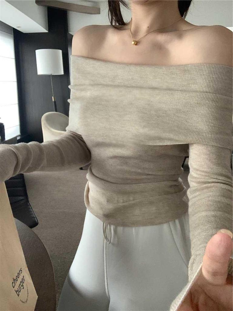 Women's Apricot One-Shoulder Knit Sweater: Soft, Long-Sleeve, Sexy Off-Shoulder Top for Autumn.