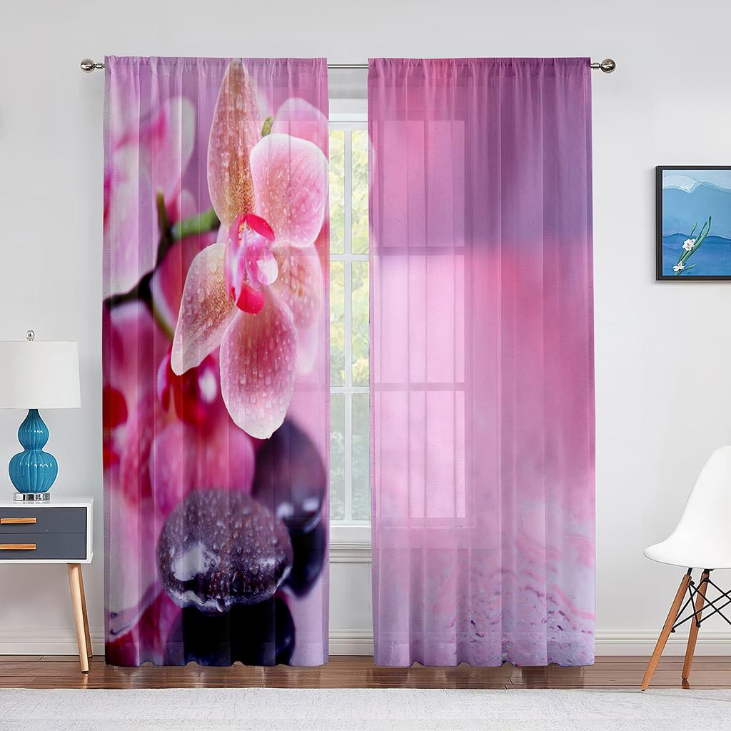 Zen Spa Green Bamboo Black Stone Flower Sheer Curtains for Living Room Bedroom Decorations Window Voiles Tulle Curtain Drapes